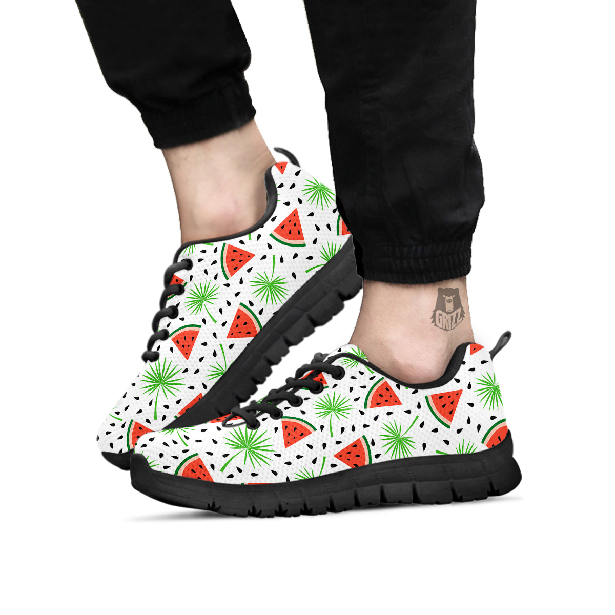 Palm Leaf Watermelon White Print Pattern Black Sneaker-grizzshop