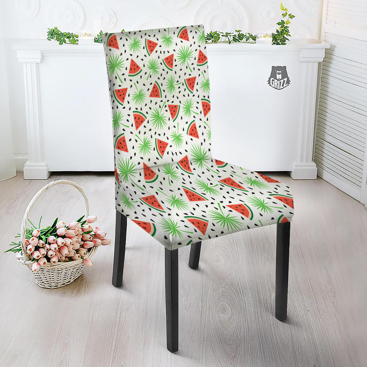 Palm Leaf Watermelon White Print Pattern Dining Chair Slipcover-grizzshop
