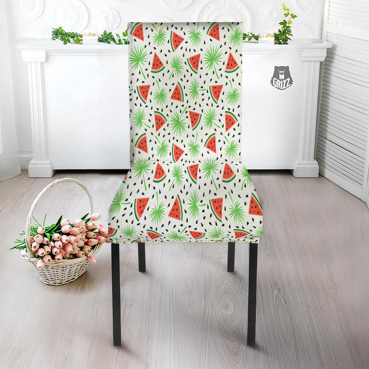 Palm Leaf Watermelon White Print Pattern Dining Chair Slipcover-grizzshop