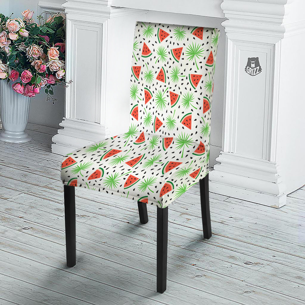 Palm Leaf Watermelon White Print Pattern Dining Chair Slipcover-grizzshop