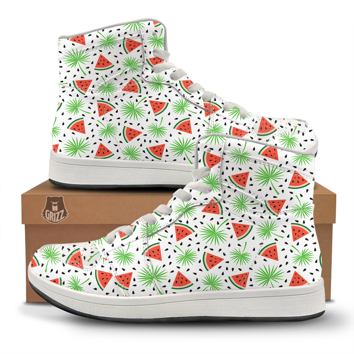 Palm Leaf Watermelon White Print Pattern High Top Sneakers-grizzshop