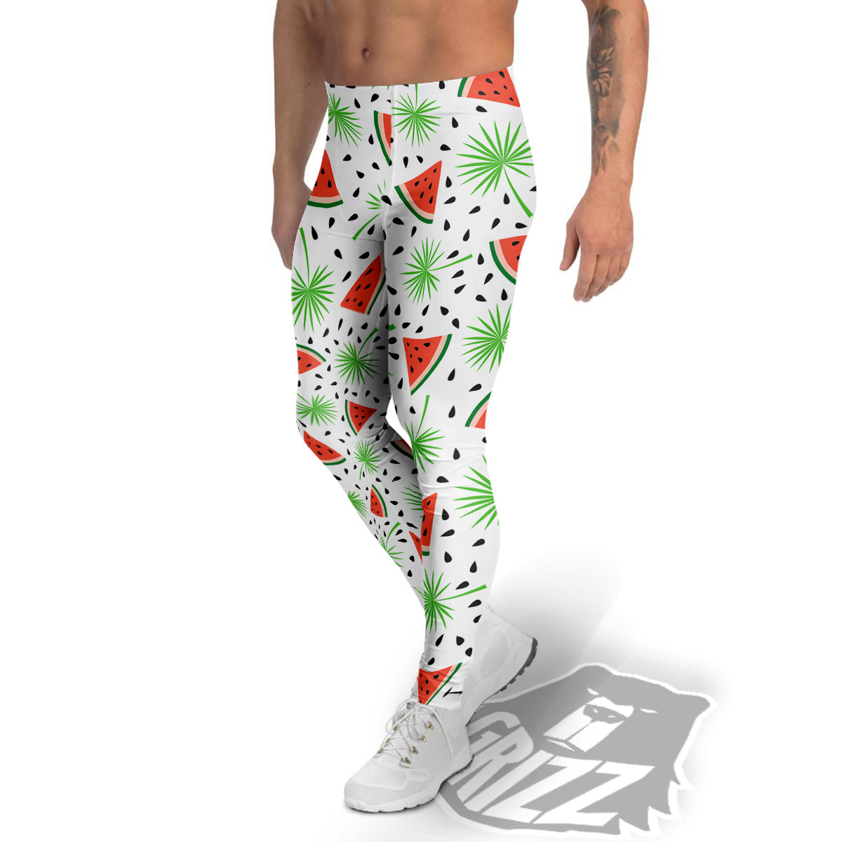 Palm Leaf Watermelon White Print Pattern Men's Leggings-grizzshop