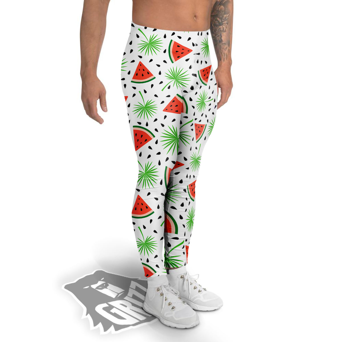 Palm Leaf Watermelon White Print Pattern Men's Leggings-grizzshop