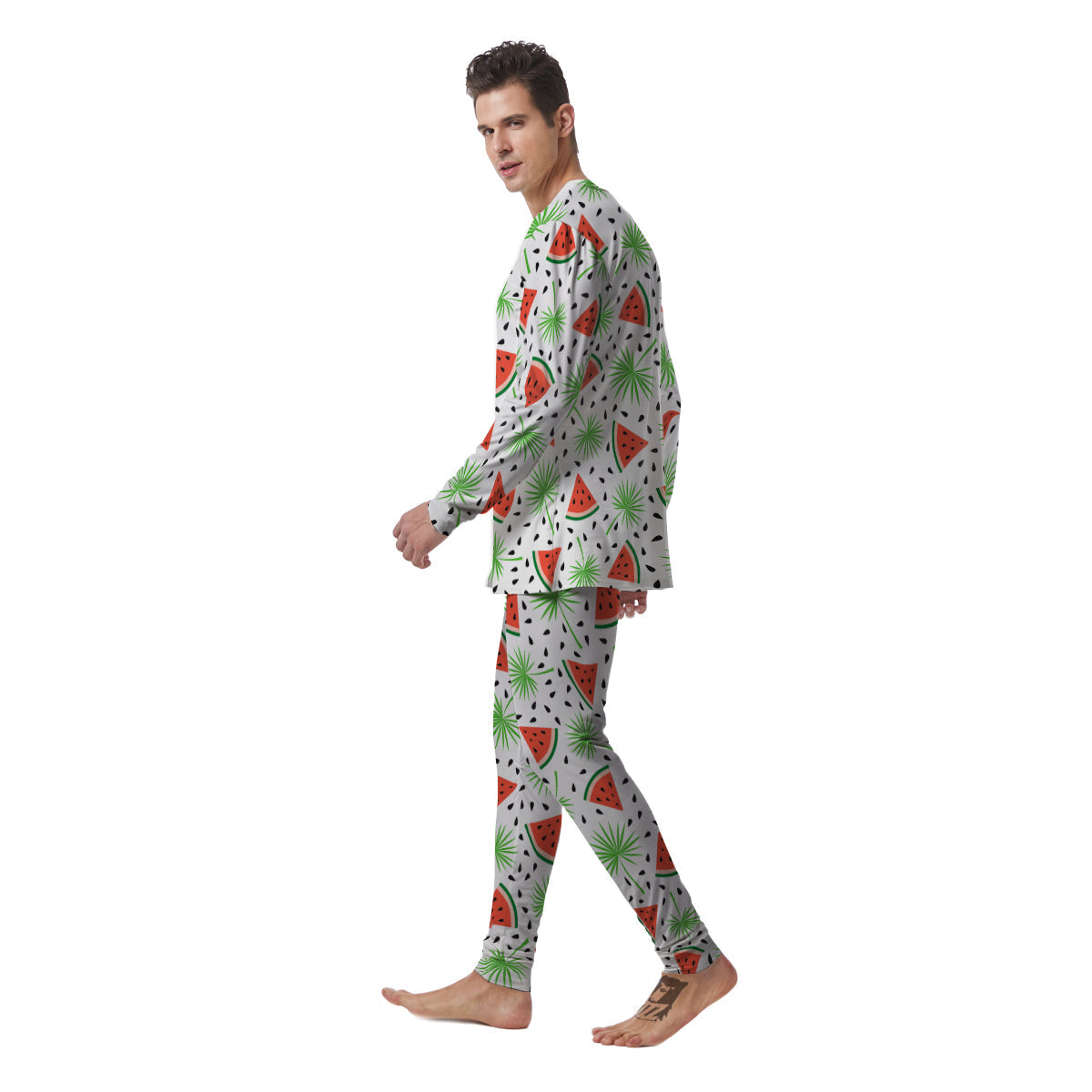 Palm Leaf Watermelon White Print Pattern Men's Pajamas-grizzshop