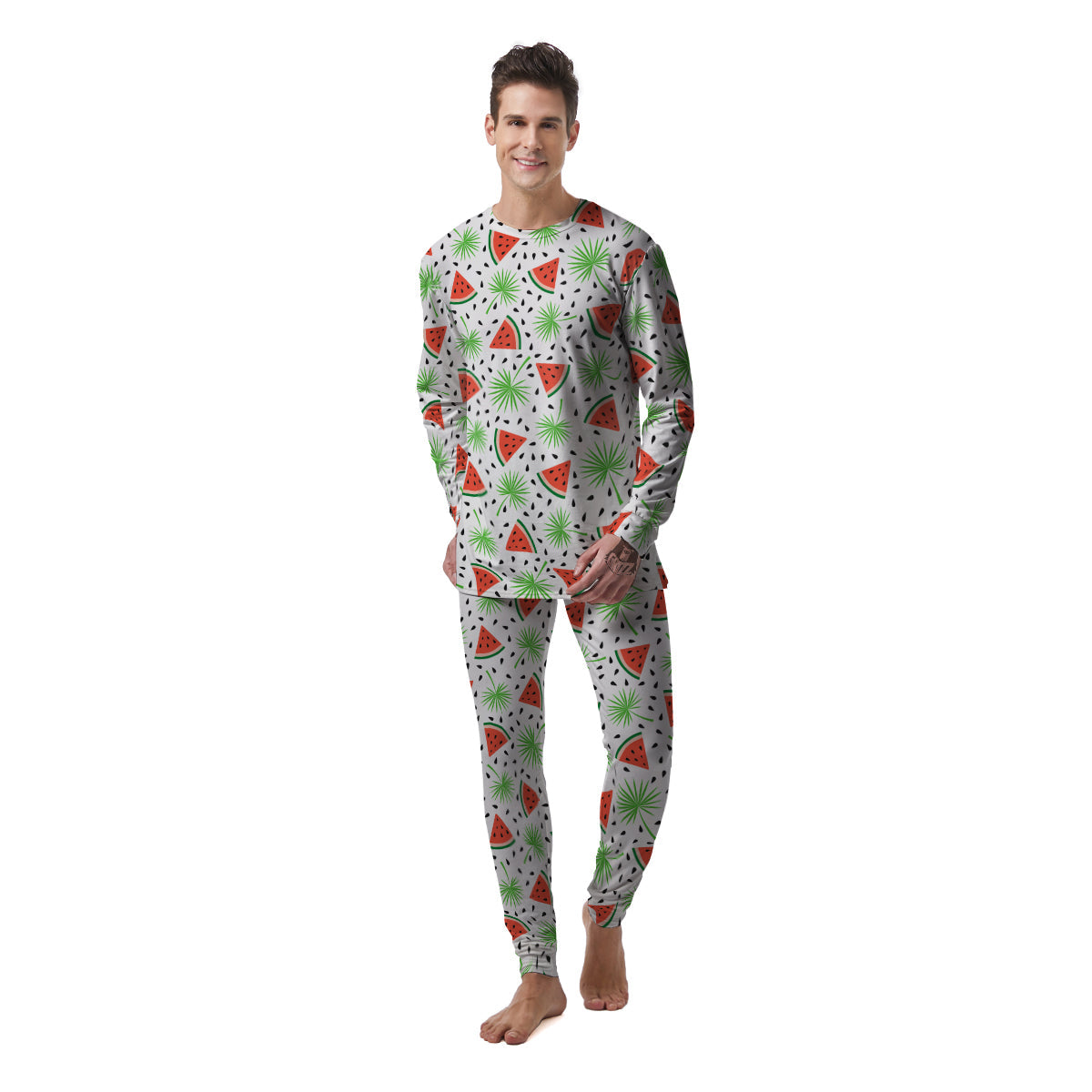 Palm Leaf Watermelon White Print Pattern Men's Pajamas-grizzshop