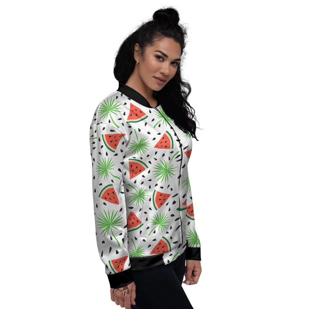Palm Leaf Watermelon White Print Pattern Women's Bomber Jacket-grizzshop