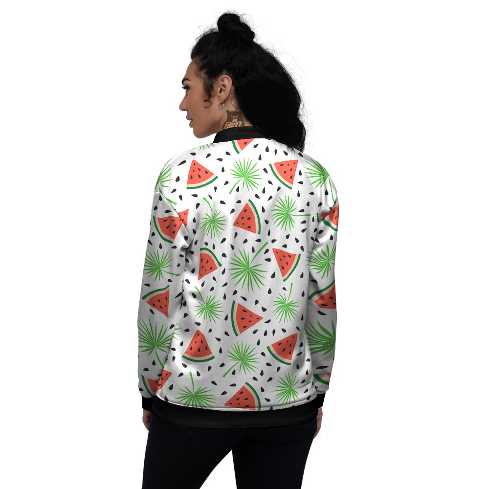 Palm Leaf Watermelon White Print Pattern Women's Bomber Jacket-grizzshop