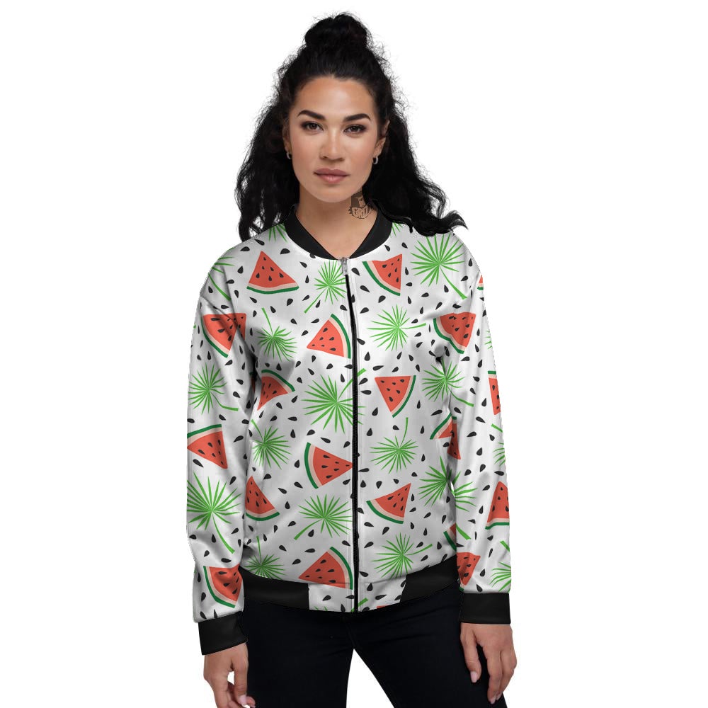 Palm Leaf Watermelon White Print Pattern Women's Bomber Jacket-grizzshop