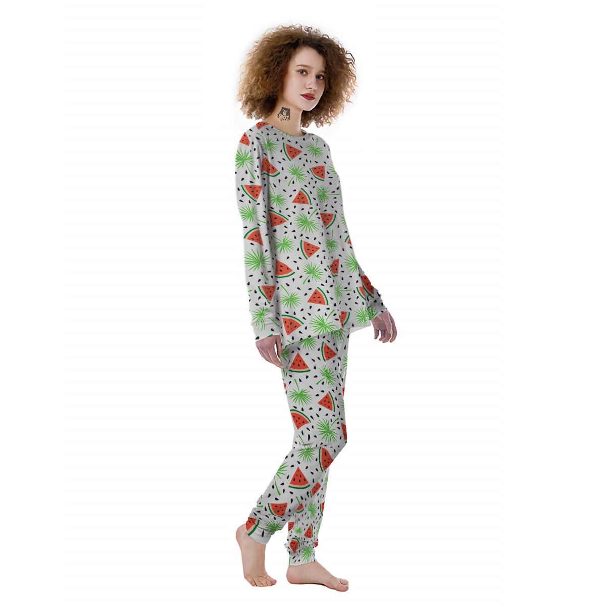 Palm Leaf Watermelon White Print Pattern Women's Pajamas-grizzshop