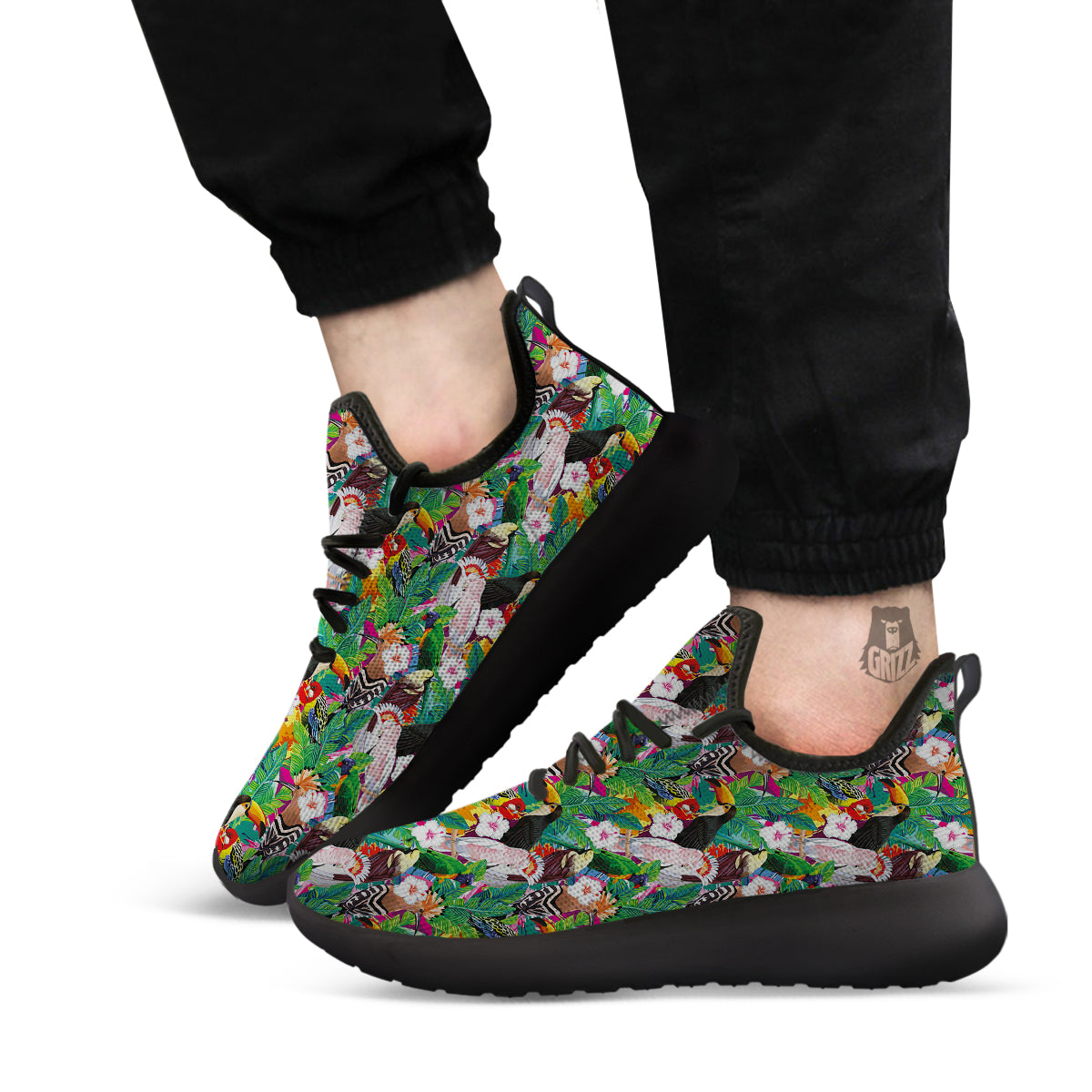 Palm Leaves And Bird Of Paradise Print Black Athletic Shoes-grizzshop