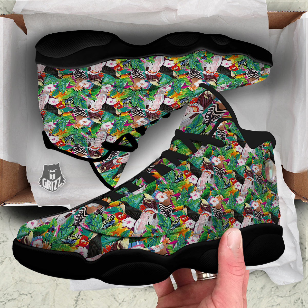 Palm Leaves And Bird Of Paradise Print Black Basketball Shoes-grizzshop