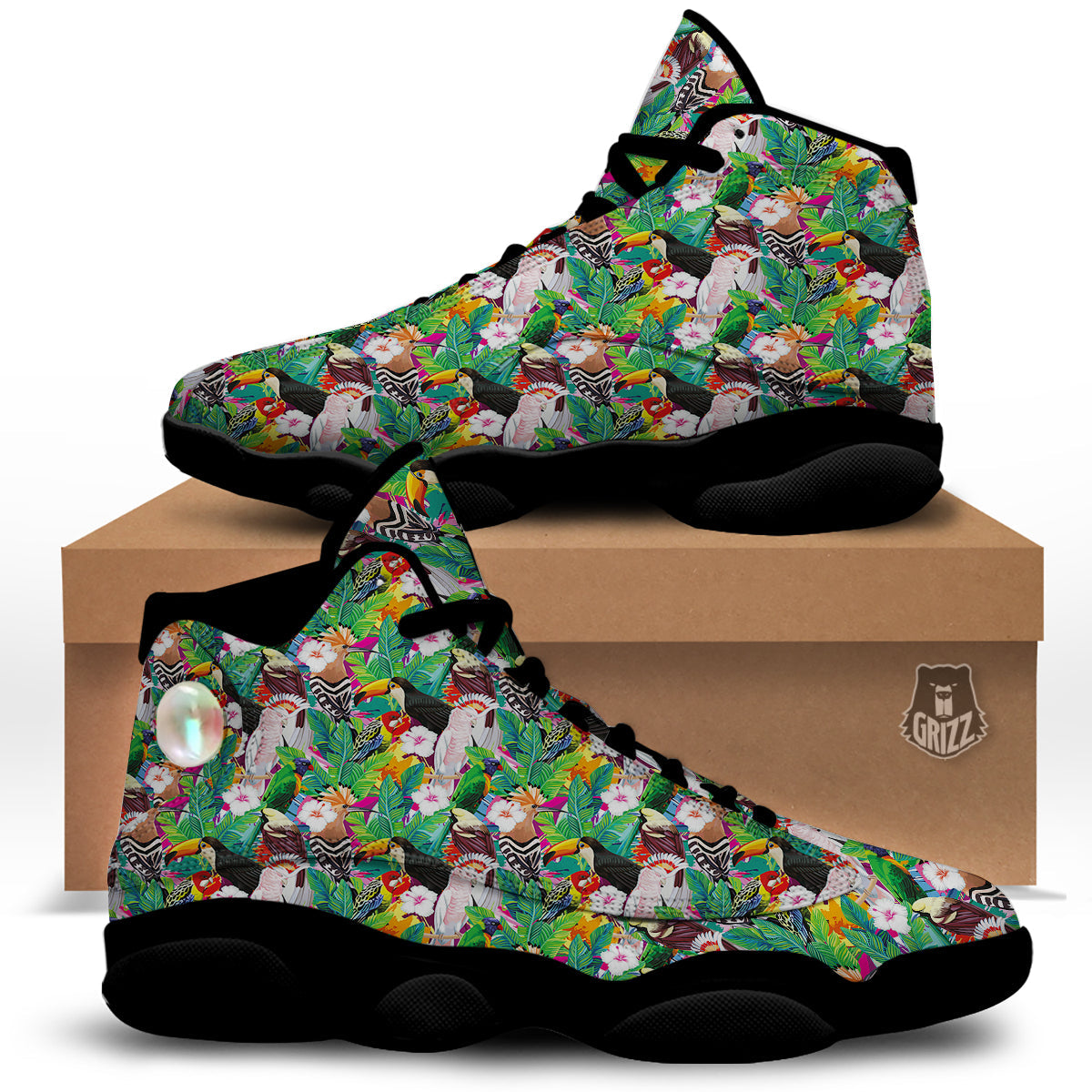 Palm Leaves And Bird Of Paradise Print Black Basketball Shoes-grizzshop