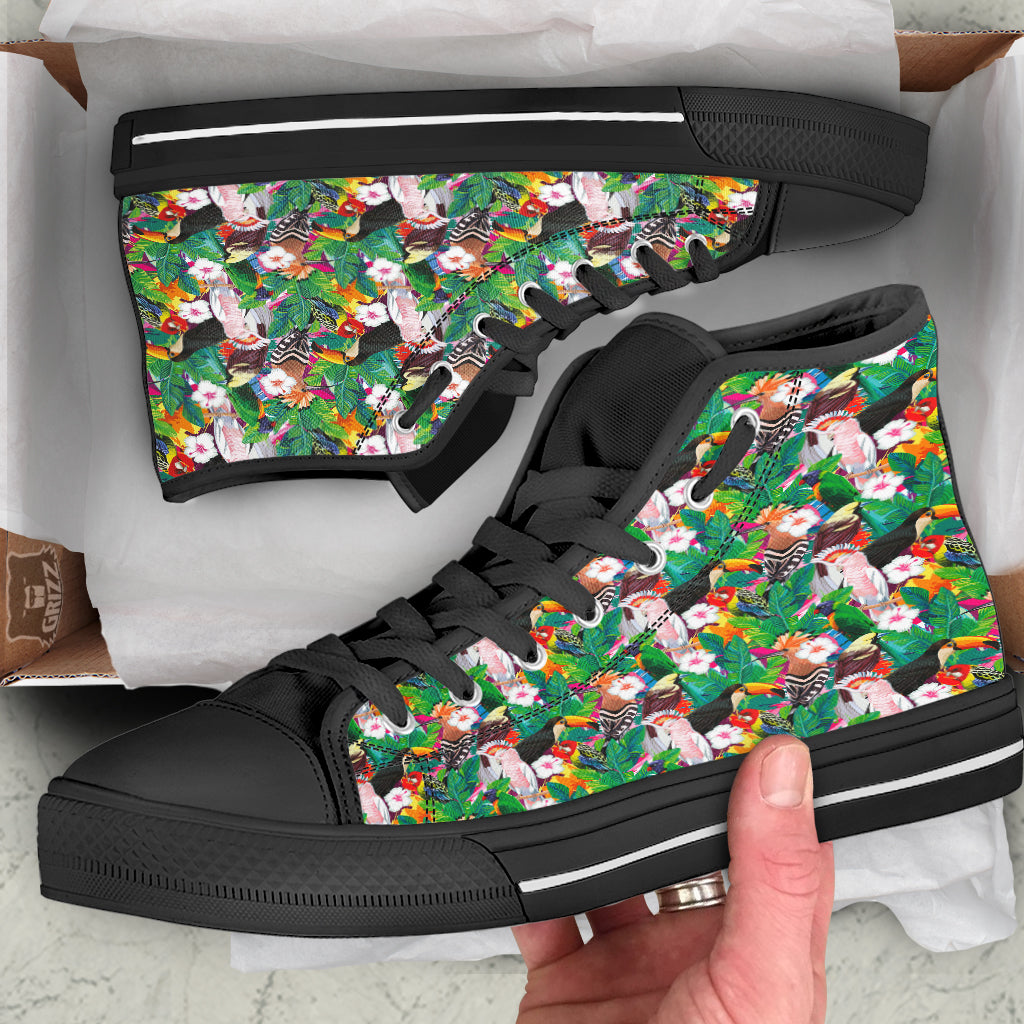 Palm Leaves And Bird Of Paradise Print Black High Top Shoes-grizzshop