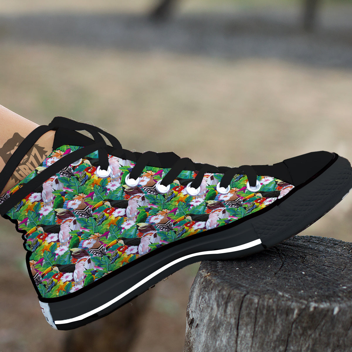 Palm Leaves And Bird Of Paradise Print Black High Top Shoes-grizzshop