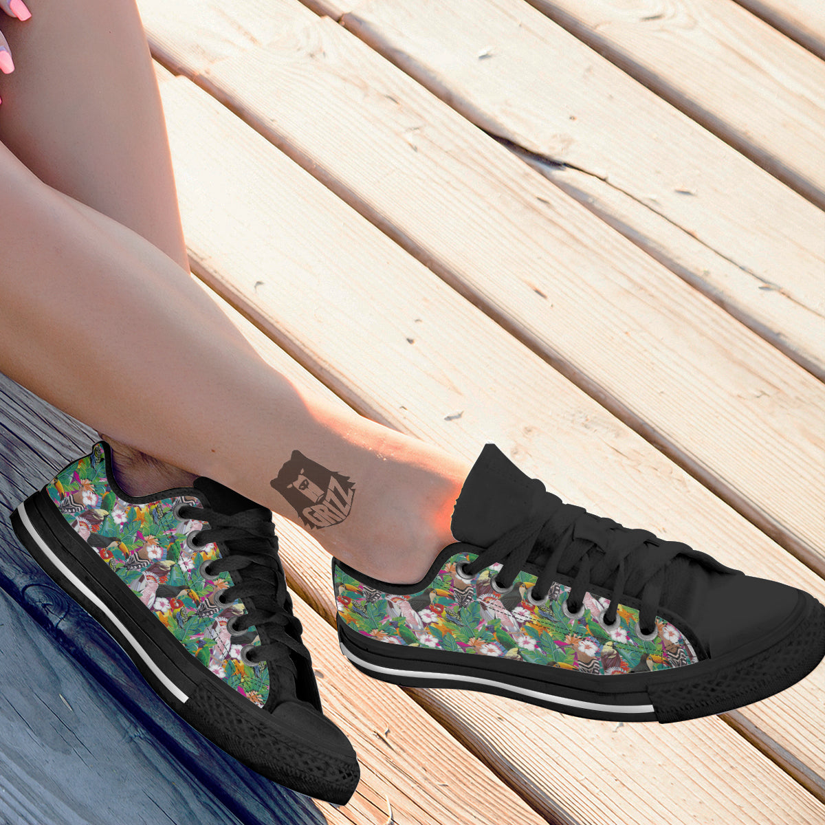 Palm Leaves And Bird Of Paradise Print Black Low Top Shoes-grizzshop