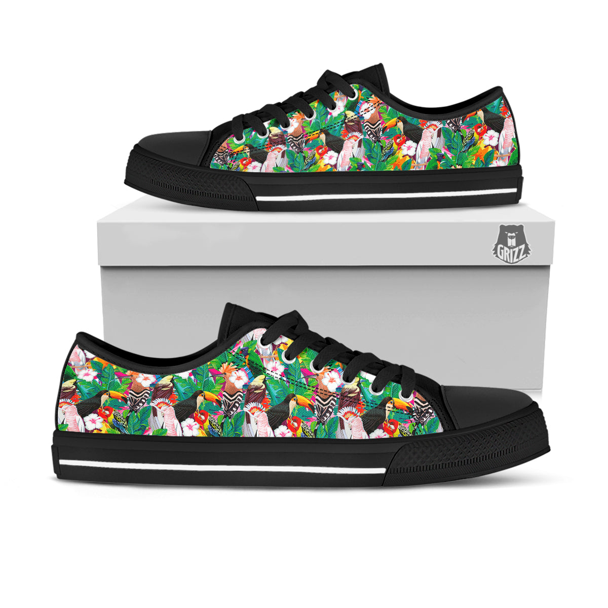 Palm Leaves And Bird Of Paradise Print Black Low Top Shoes-grizzshop