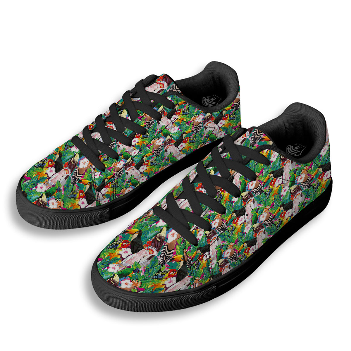 Palm Leaves And Bird Of Paradise Print Black Low Top Sneakers-grizzshop