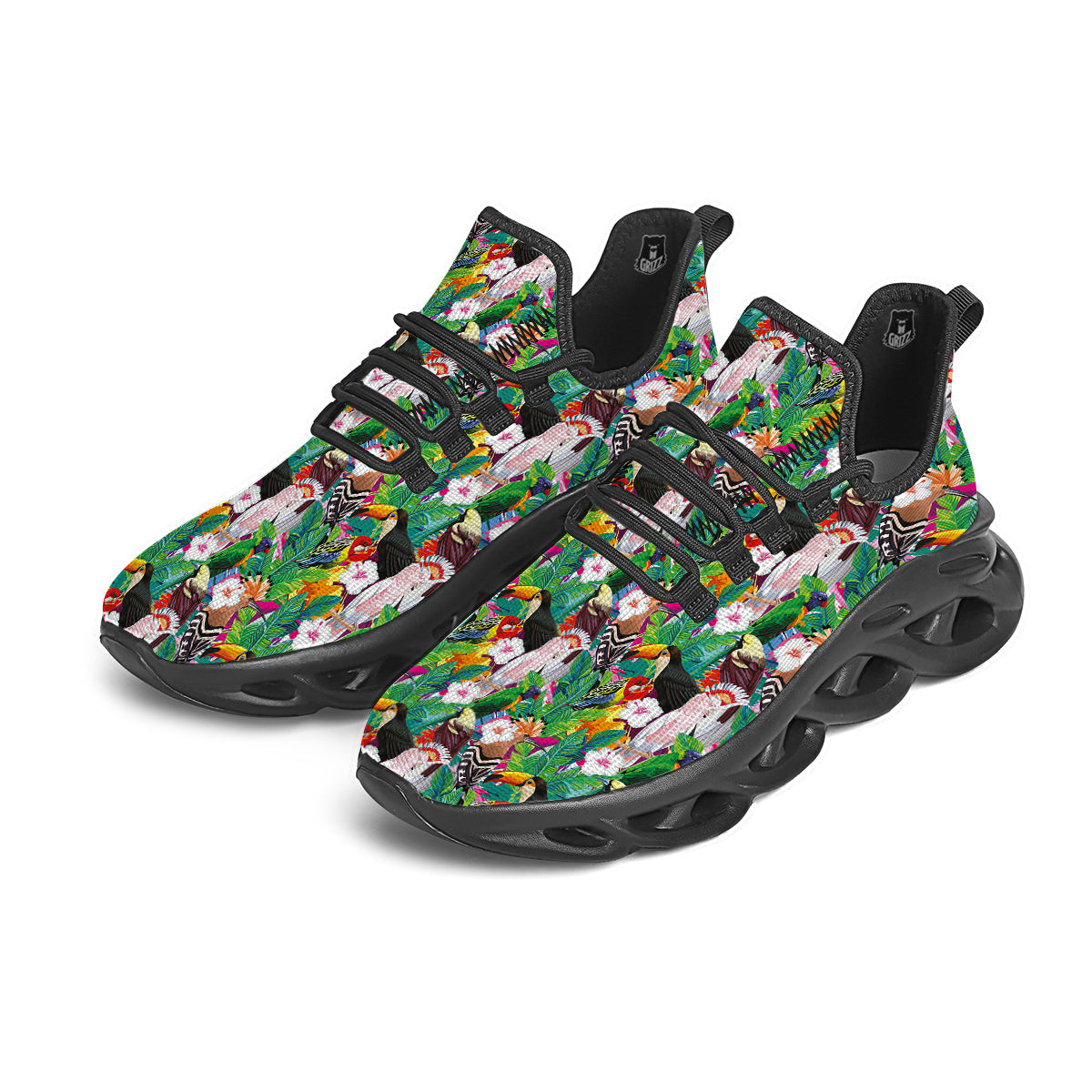 Palm Leaves And Bird Of Paradise Print Black Running Shoes-grizzshop