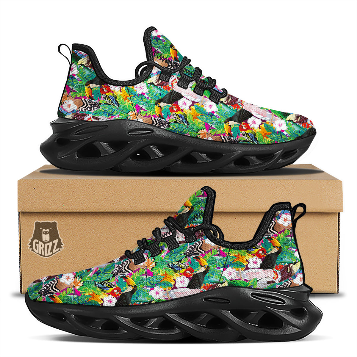 Palm Leaves And Bird Of Paradise Print Black Running Shoes-grizzshop