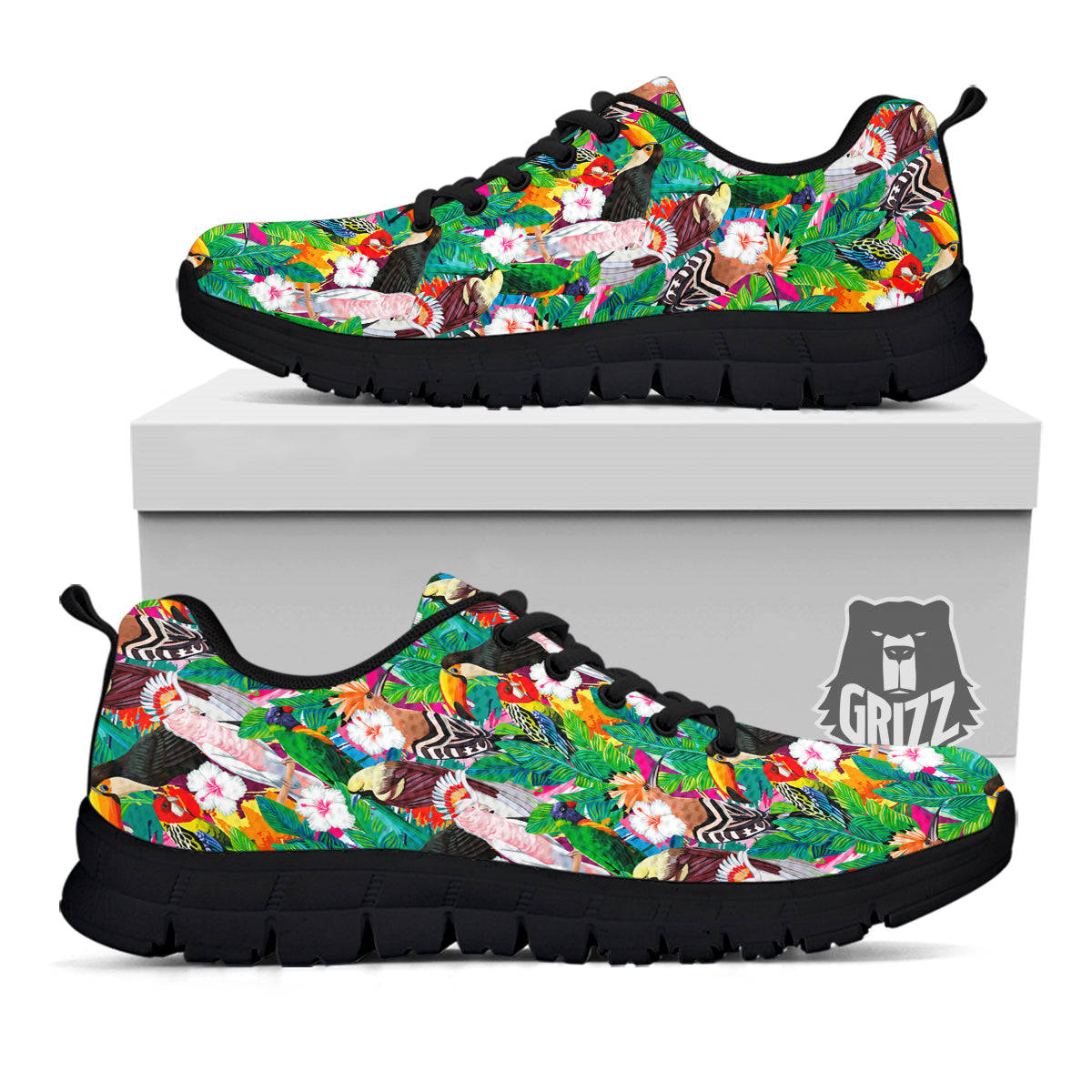 Palm Leaves And Bird Of Paradise Print Black Sneaker-grizzshop
