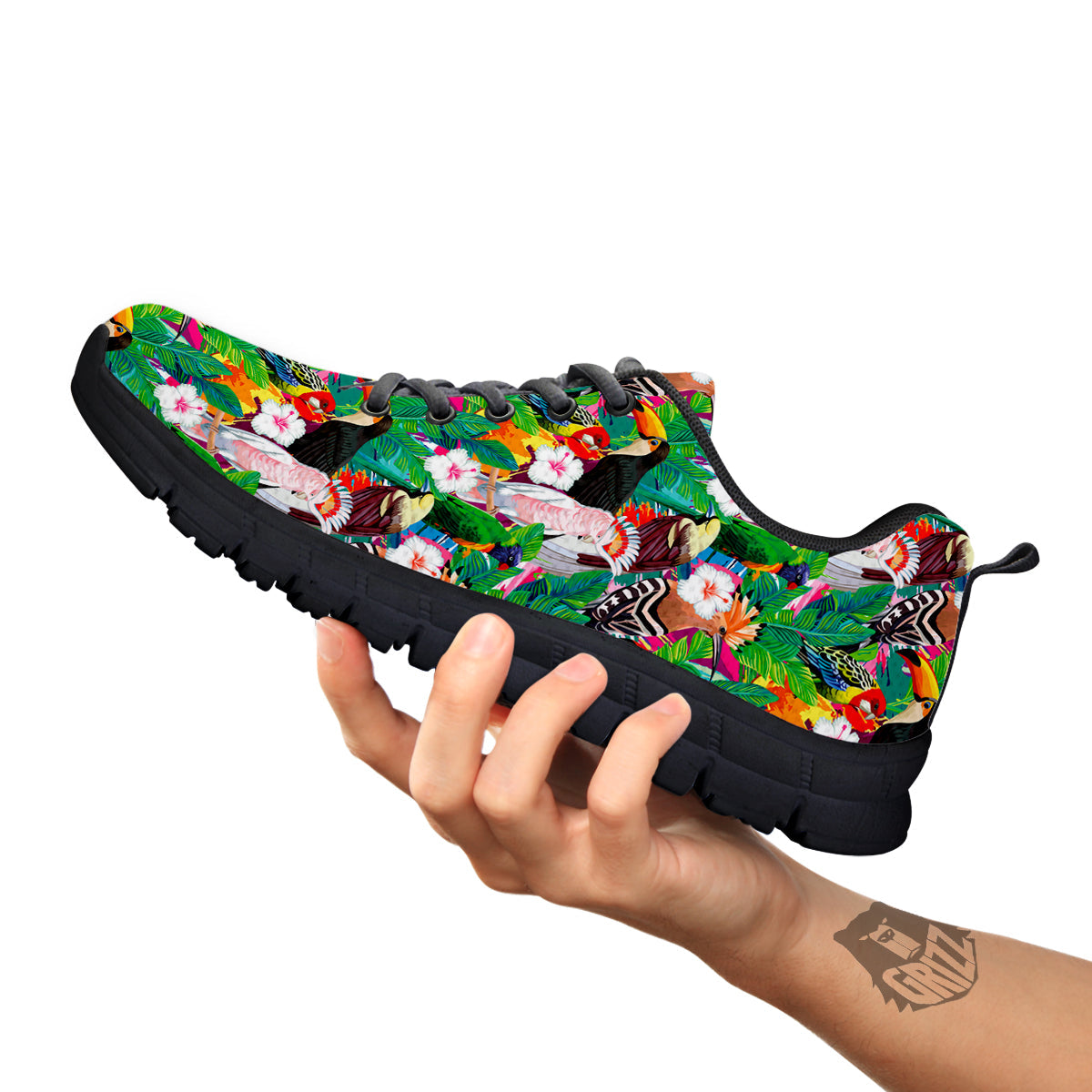 Palm Leaves And Bird Of Paradise Print Black Sneaker-grizzshop