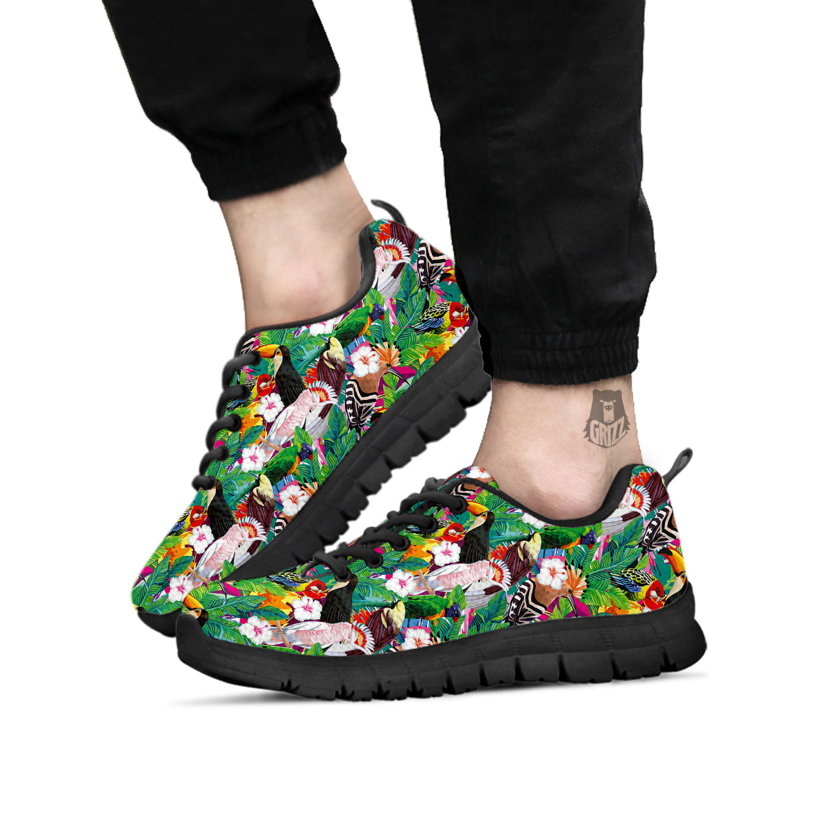 Palm Leaves And Bird Of Paradise Print Black Sneaker-grizzshop