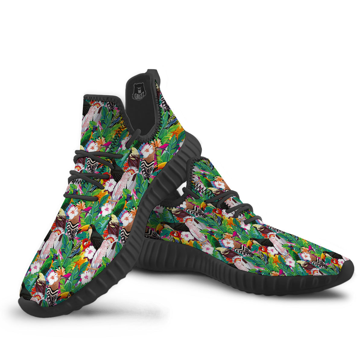 Palm Leaves And Bird Of Paradise Print Black Walking Shoes-grizzshop