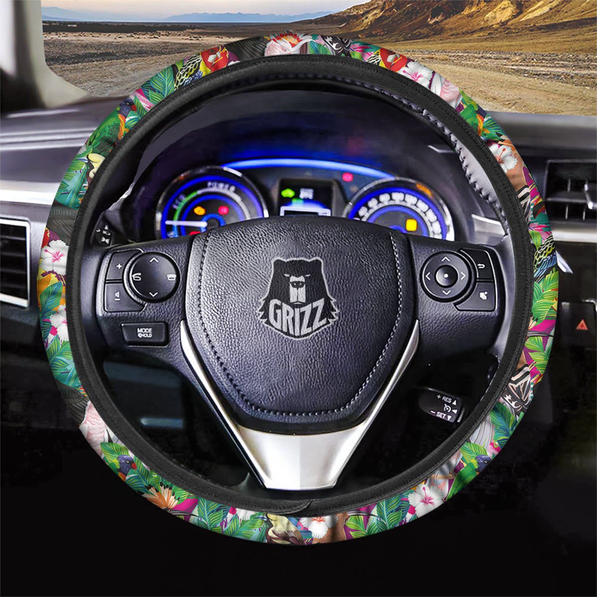 Palm Leaves And Bird Of Paradise Print Car Steering Wheel Cover-grizzshop