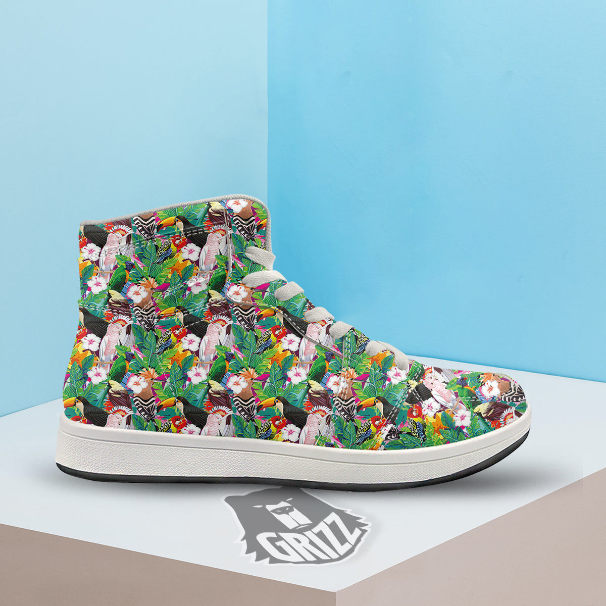 Palm Leaves And Bird Of Paradise Print High Top Sneakers-grizzshop