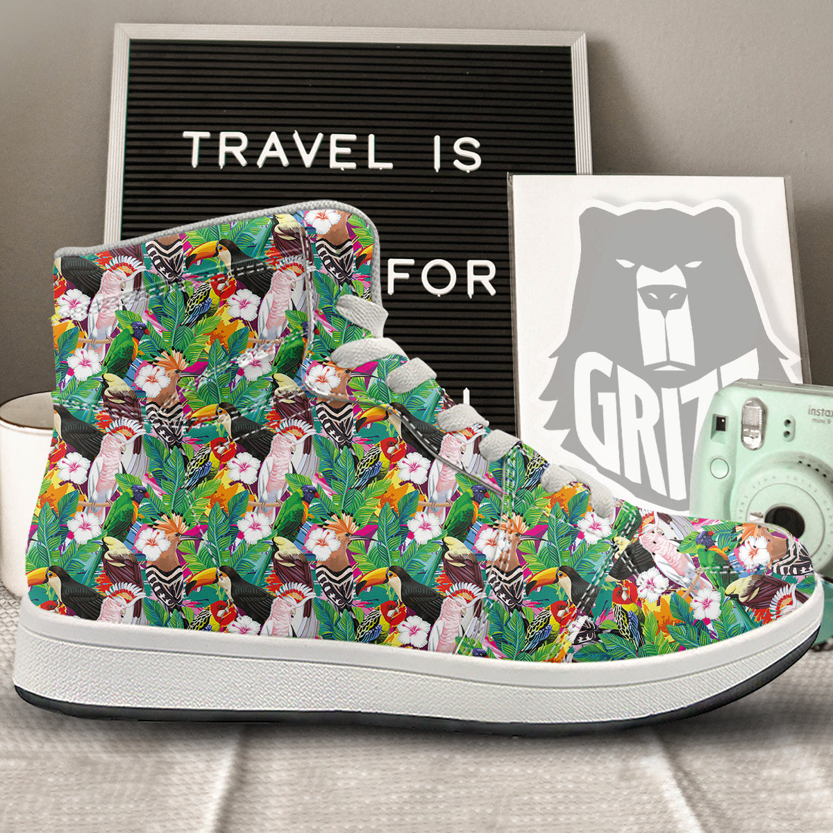 Palm Leaves And Bird Of Paradise Print High Top Sneakers-grizzshop