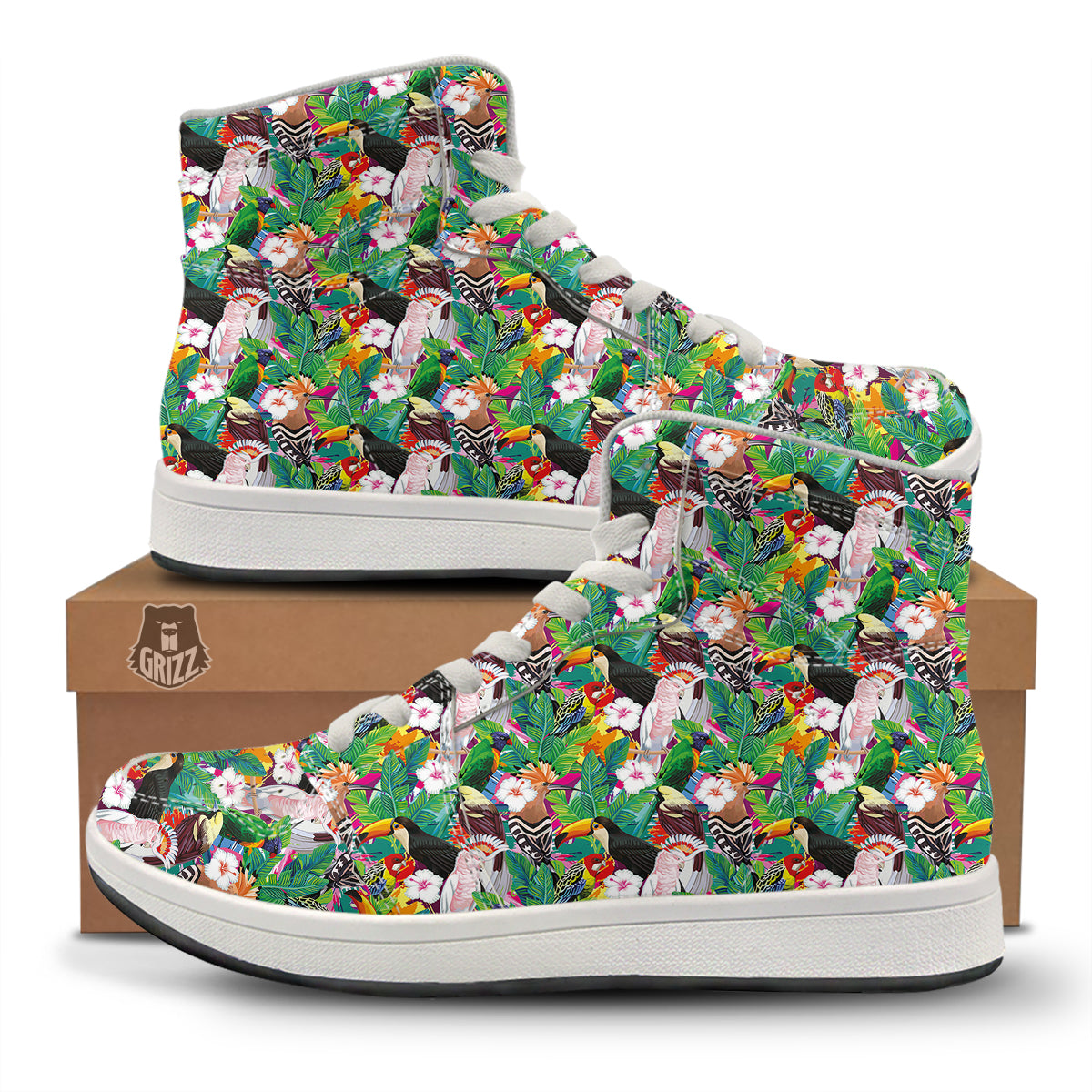 Palm Leaves And Bird Of Paradise Print High Top Sneakers-grizzshop