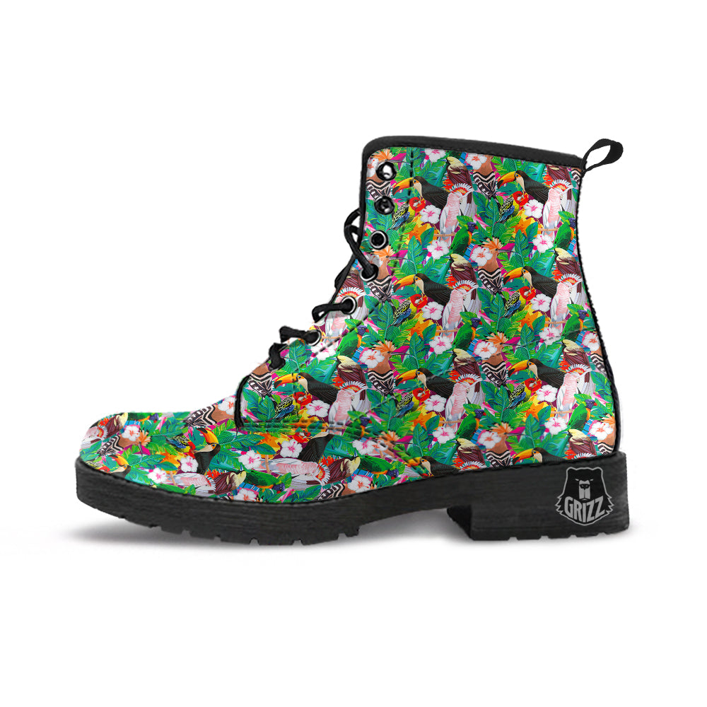 Palm Leaves And Bird Of Paradise Print Leather Boots-grizzshop