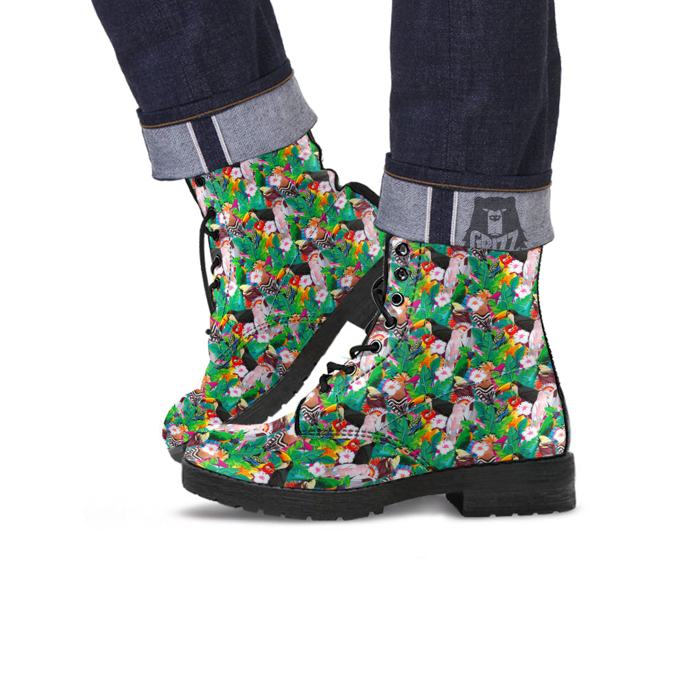 Palm Leaves And Bird Of Paradise Print Leather Boots-grizzshop