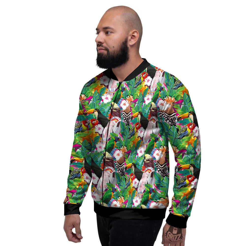 Palm Leaves And Bird Of Paradise Print Men's Bomber Jacket-grizzshop