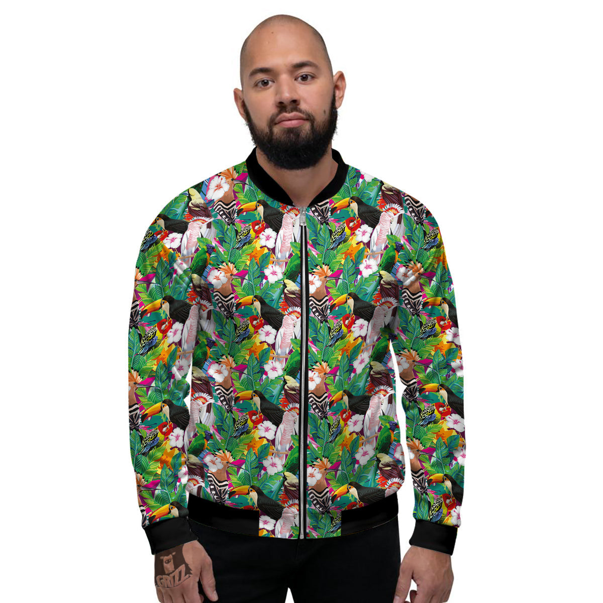 Palm Leaves And Bird Of Paradise Print Men's Bomber Jacket-grizzshop