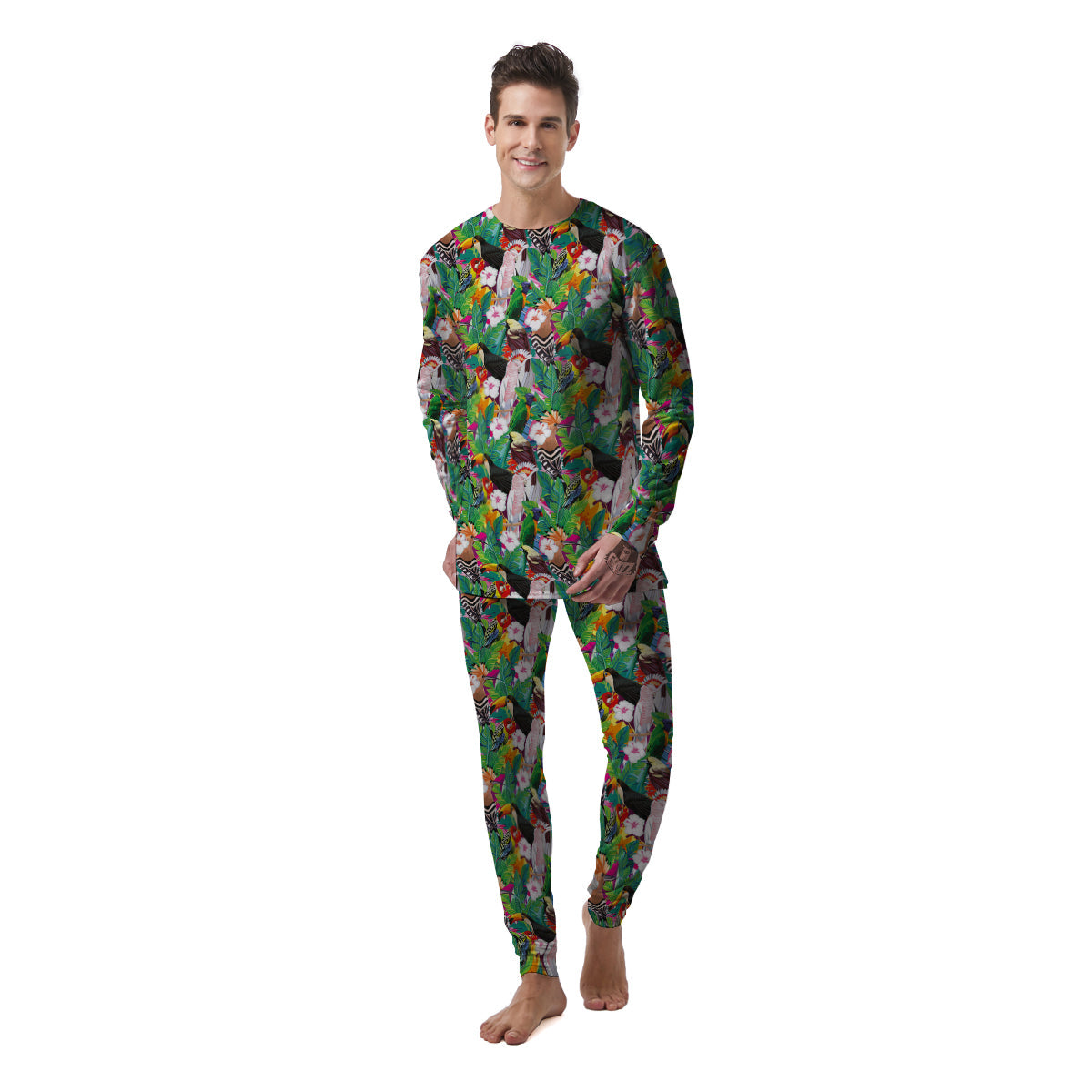 Palm Leaves And Bird Of Paradise Print Men's Pajamas-grizzshop