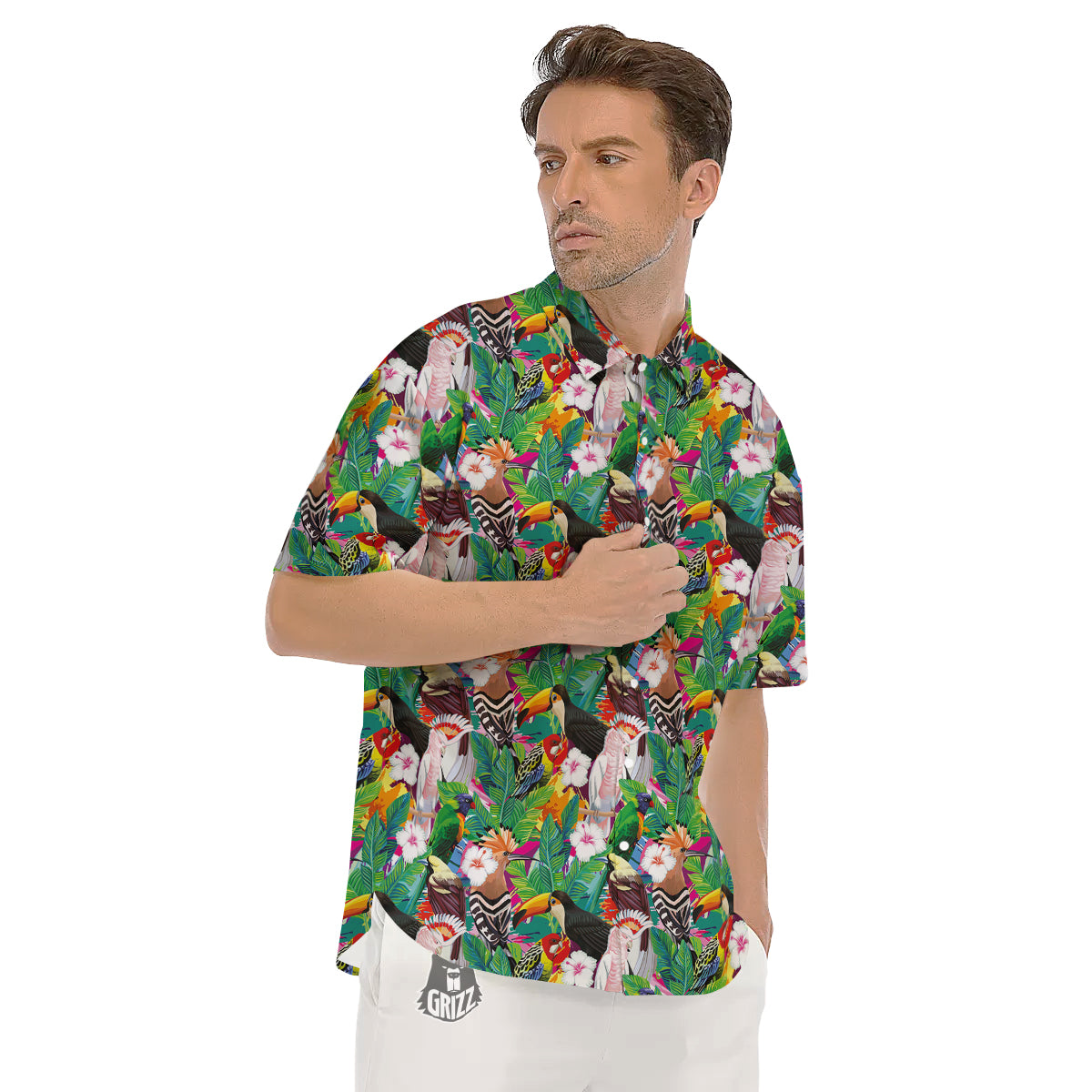 Palm Leaves And Bird Of Paradise Print Men's Short Sleeve Shirts-grizzshop