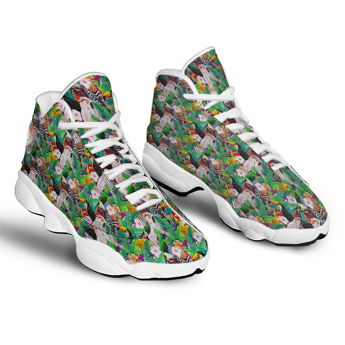 Palm Leaves And Bird Of Paradise Print White Basketball Shoes-grizzshop