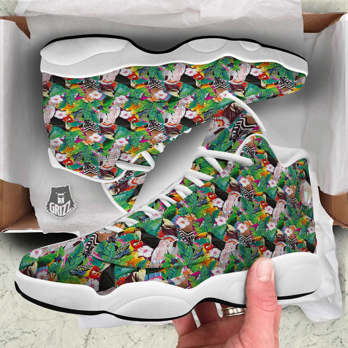 Palm Leaves And Bird Of Paradise Print White Basketball Shoes-grizzshop
