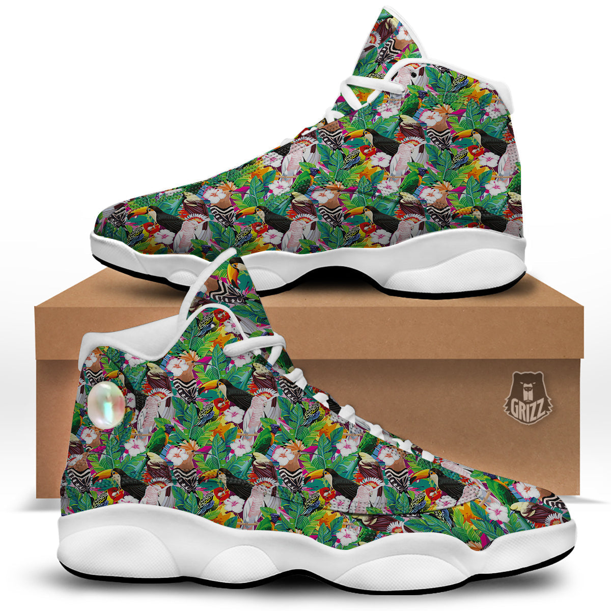 Palm Leaves And Bird Of Paradise Print White Basketball Shoes-grizzshop