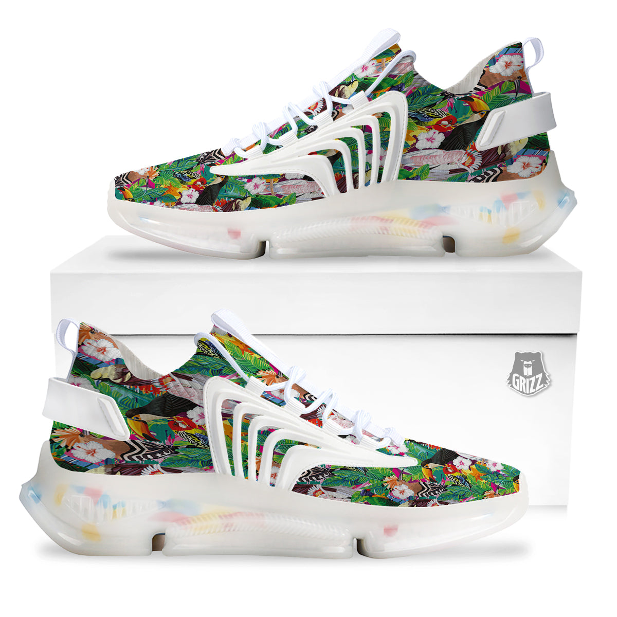 Palm Leaves And Bird Of Paradise Print White Gym Shoes-grizzshop