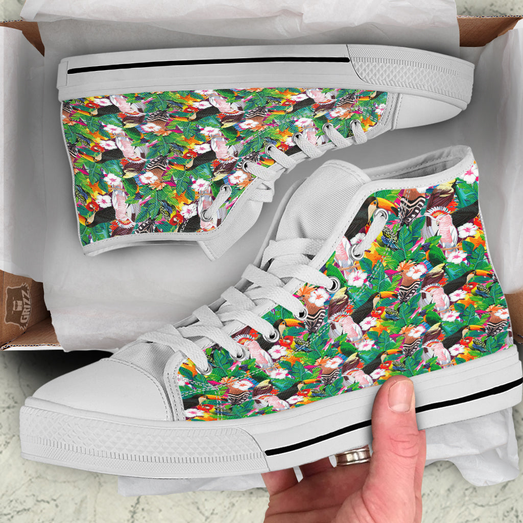 Palm Leaves And Bird Of Paradise Print White High Top Shoes-grizzshop
