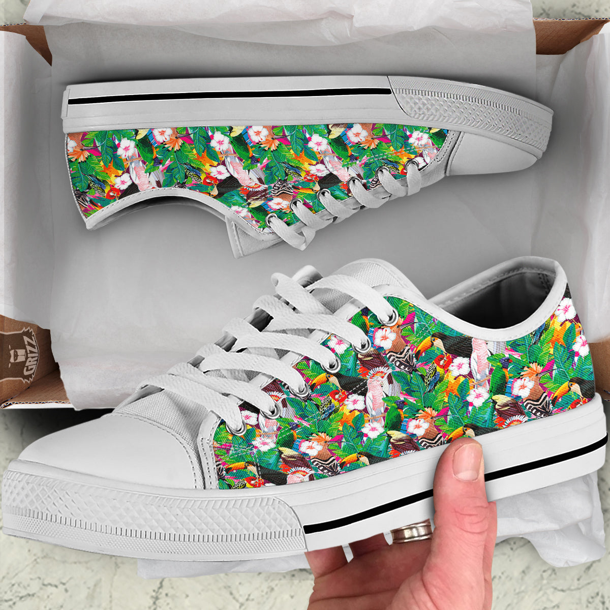 Palm Leaves And Bird Of Paradise Print White Low Top Shoes-grizzshop