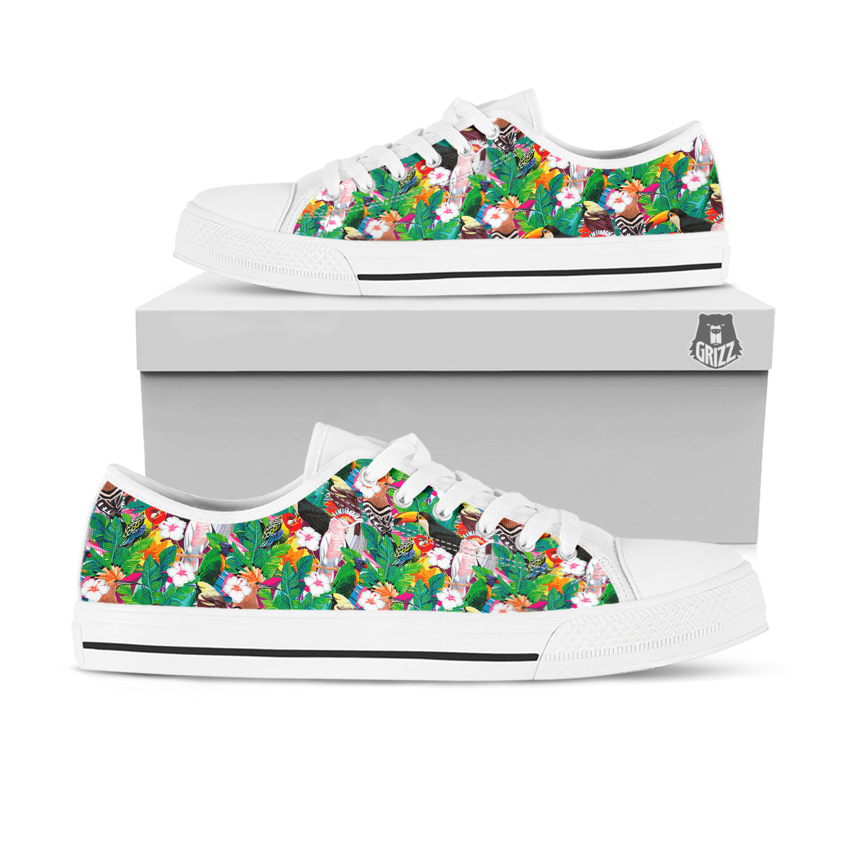 Palm Leaves And Bird Of Paradise Print White Low Top Shoes-grizzshop