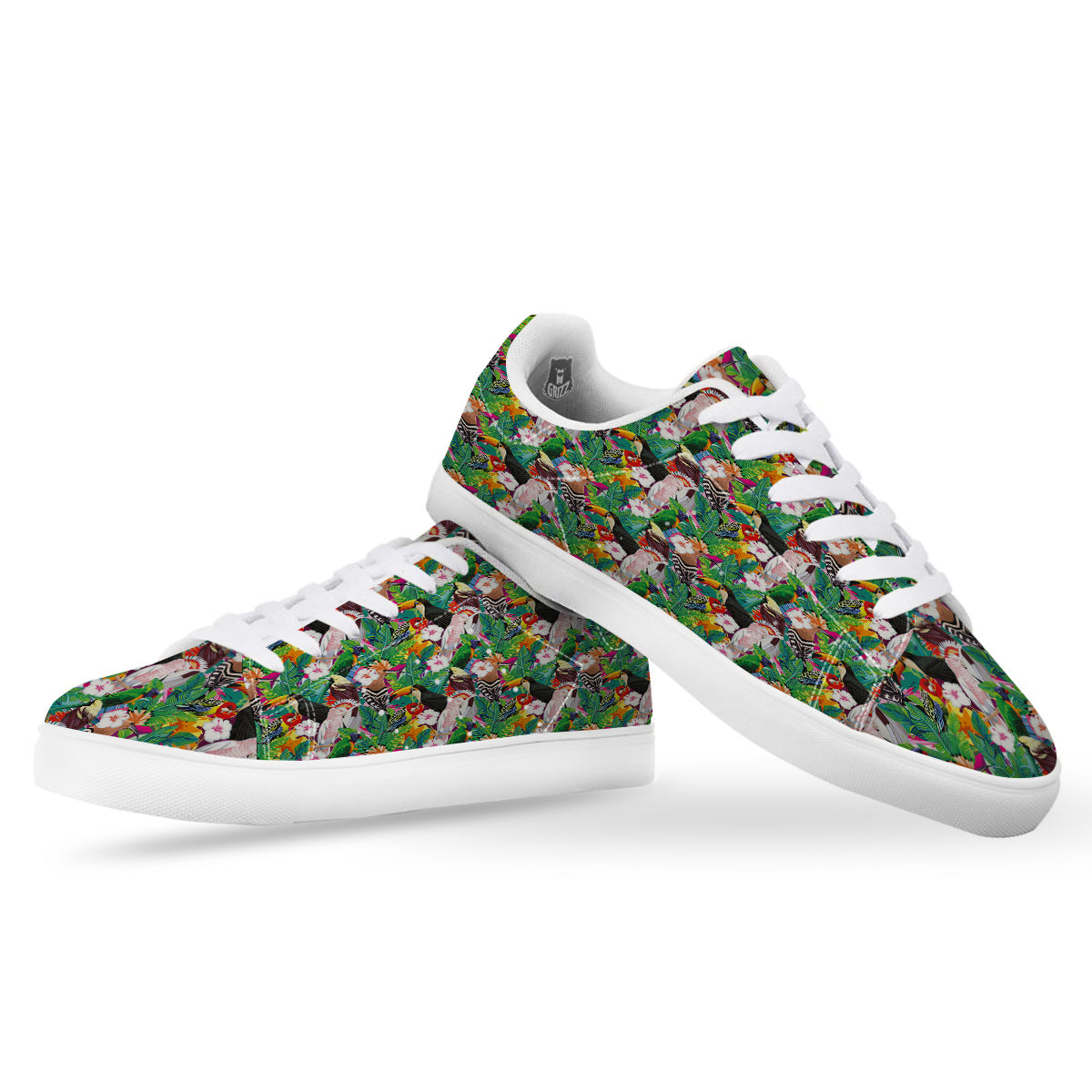 Palm Leaves And Bird Of Paradise Print White Low Top Sneakers-grizzshop