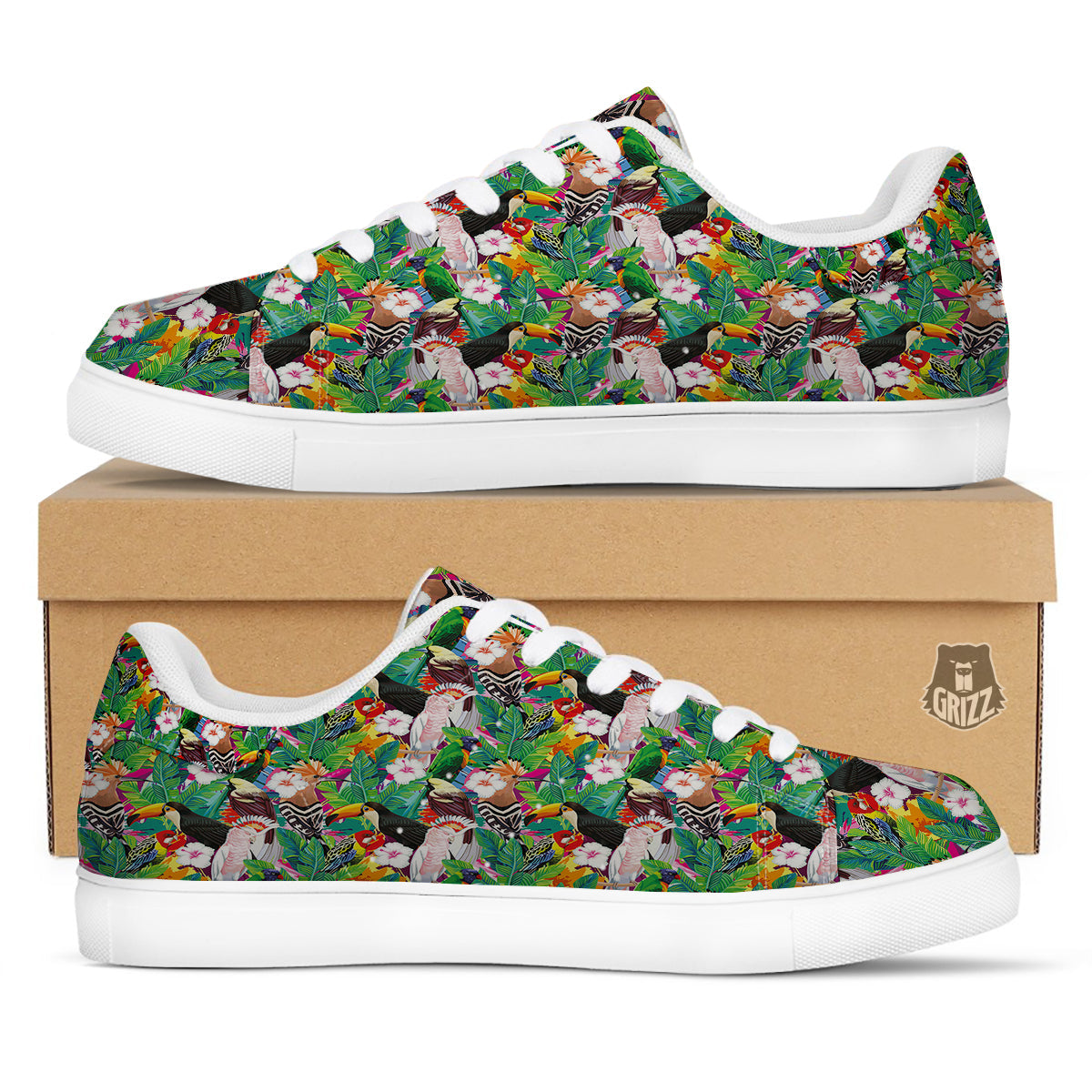 Palm Leaves And Bird Of Paradise Print White Low Top Sneakers-grizzshop