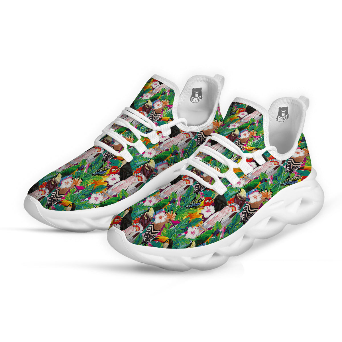 Palm Leaves And Bird Of Paradise Print White Running Shoes-grizzshop