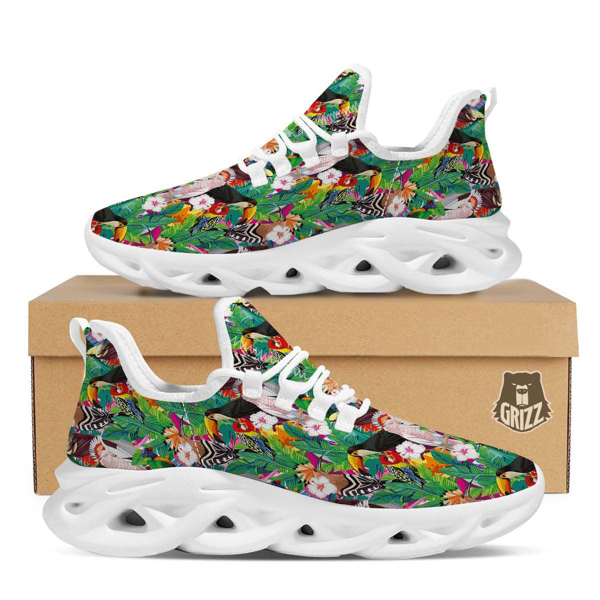 Palm Leaves And Bird Of Paradise Print White Running Shoes-grizzshop