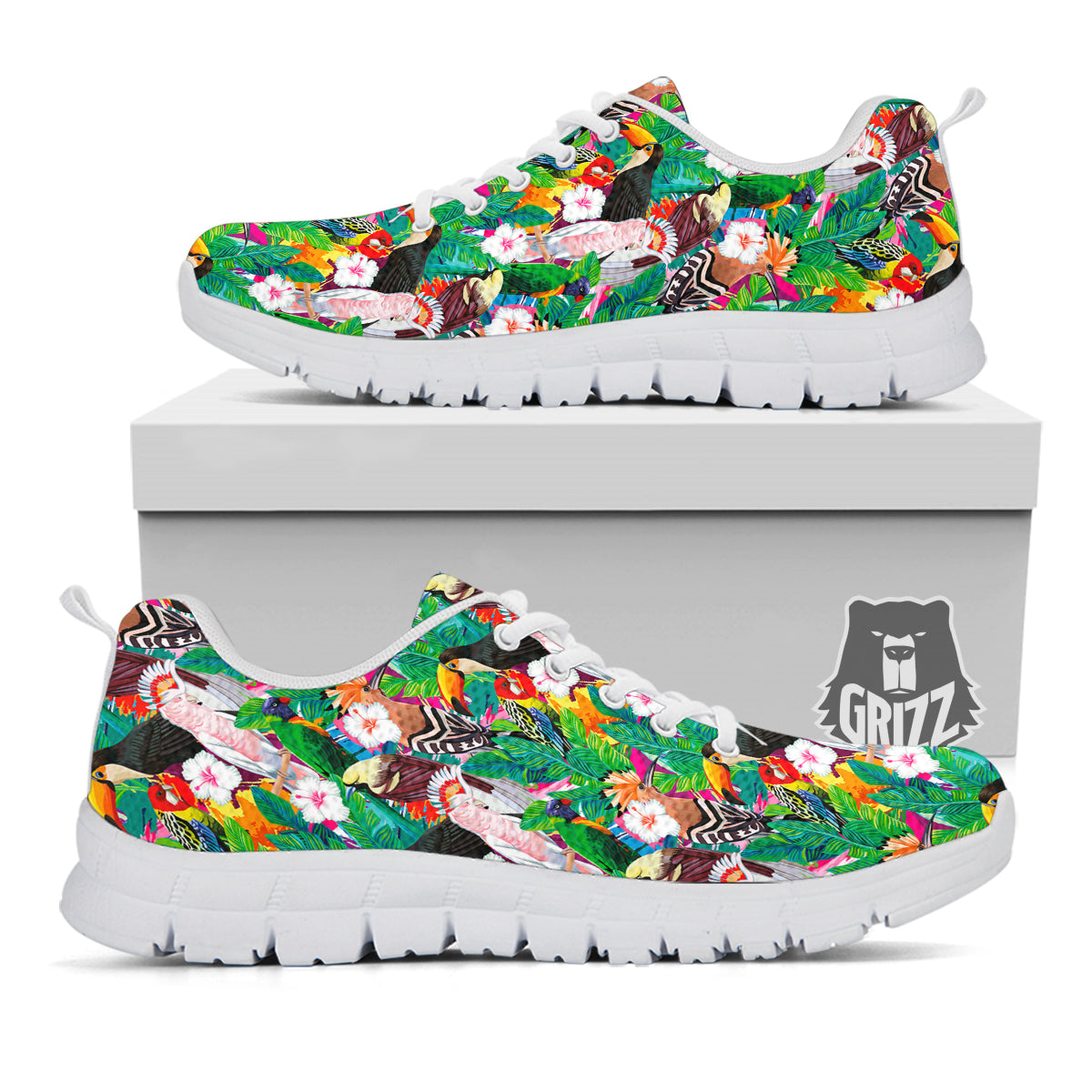 Palm Leaves And Bird Of Paradise Print White Sneaker-grizzshop