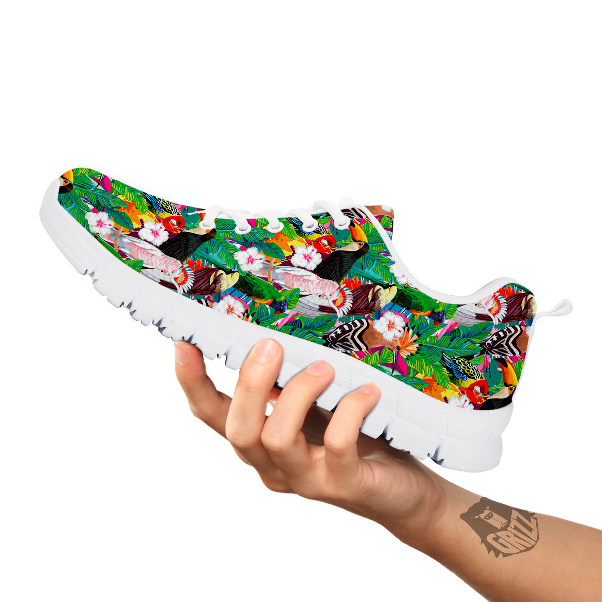 Palm Leaves And Bird Of Paradise Print White Sneaker-grizzshop